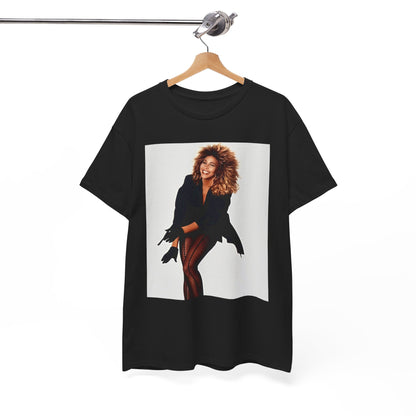 A black graphic t-shirt featuring a graphic of Tina Turner as a Rock and Roll Hall of Famer.