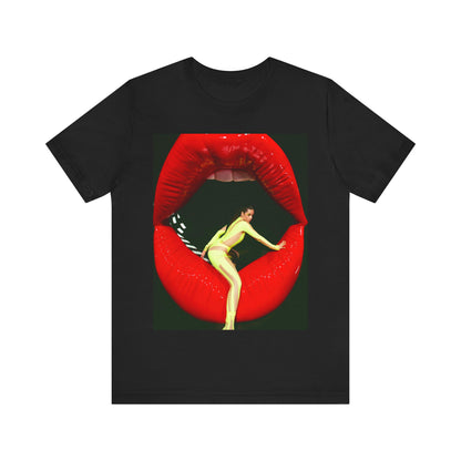 A black graphic t-shirt featuring a graphic of Camila Cabello with a 'rebel heart' or edgy pop star aesthetic.