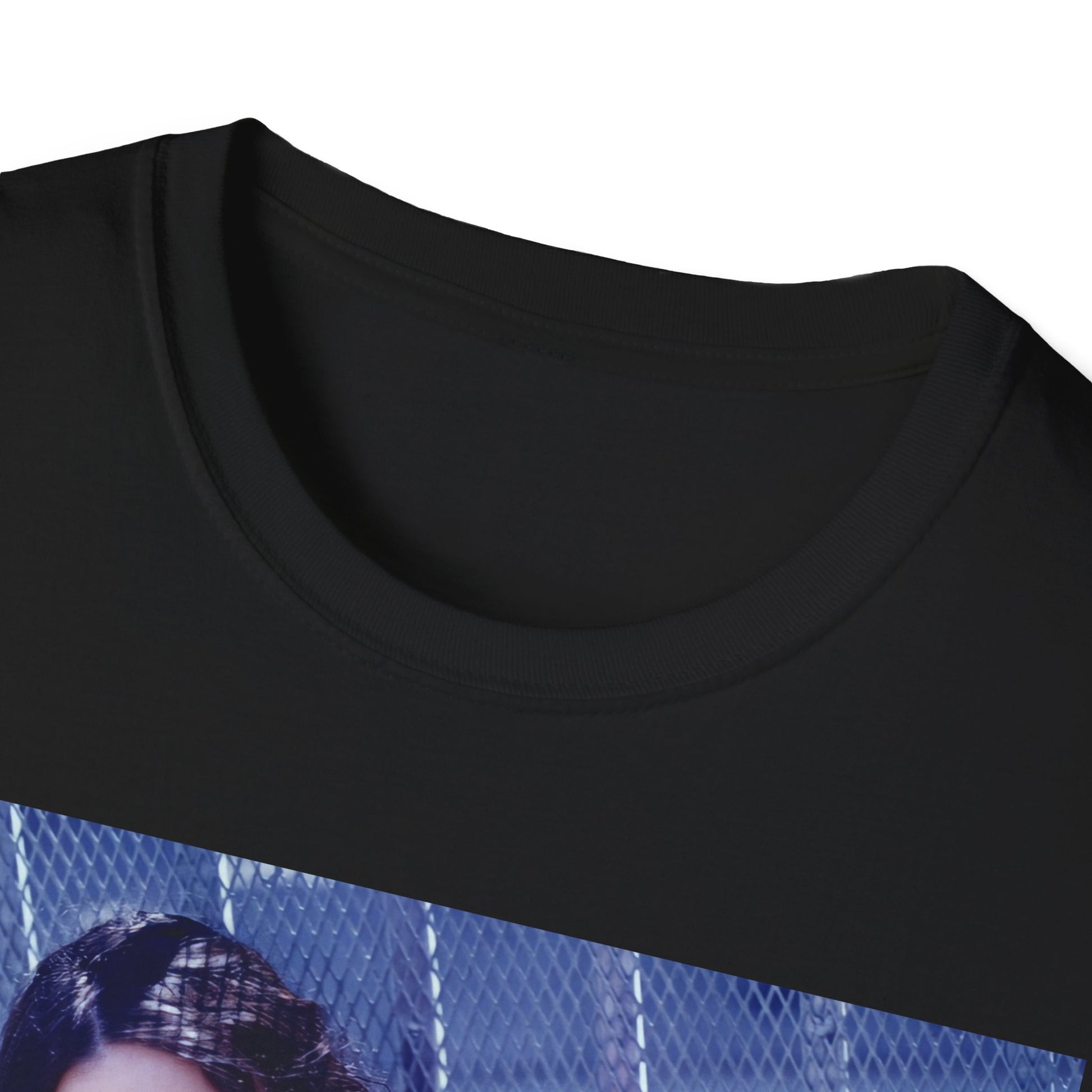 A black graphic t-shirt featuring a vintage 90s-style graphic of Alanis Morissette, possibly with distressed effects or artistic filters.
