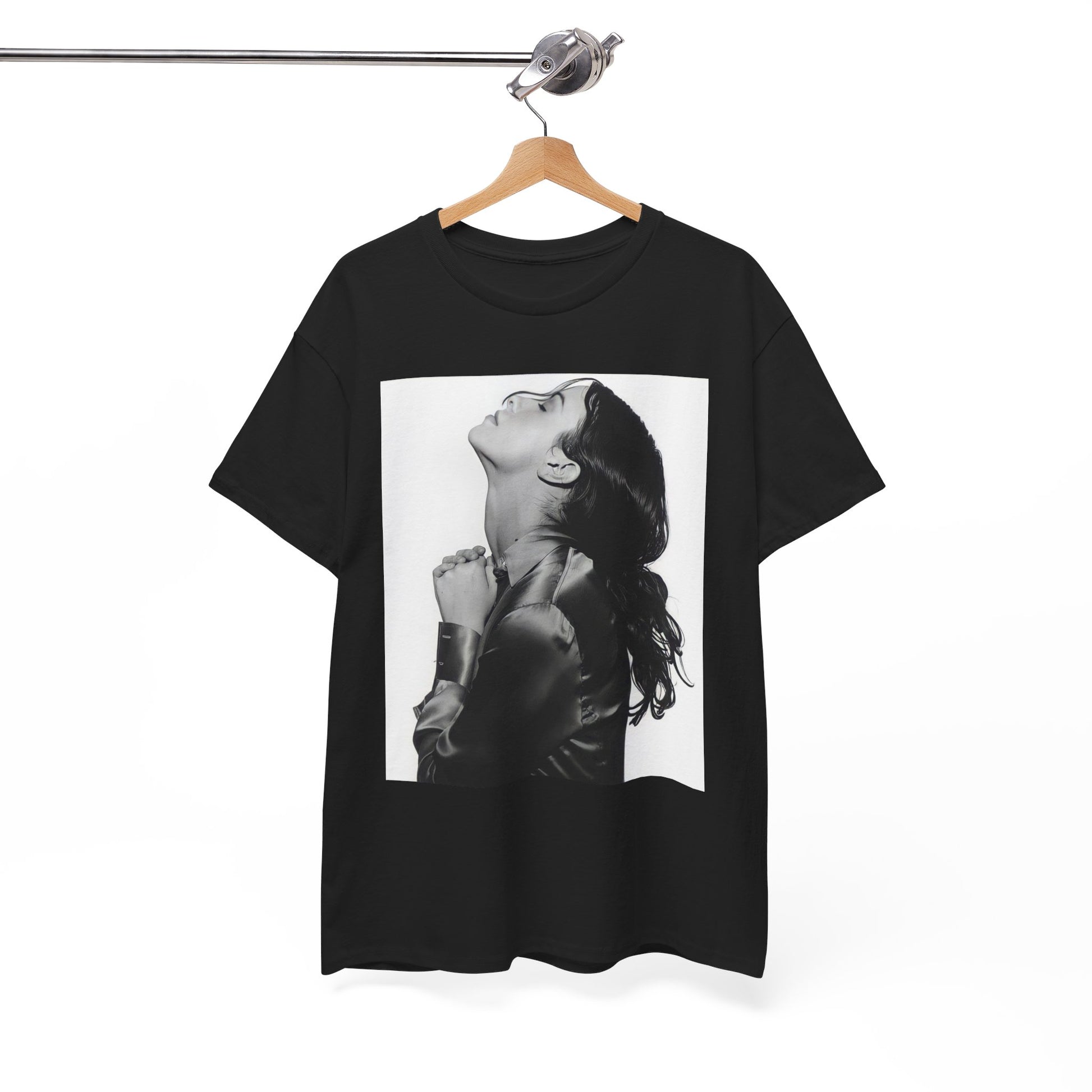 A black graphic t-shirt featuring a vintage black and white portrait of Alanis Morissette, showing her with a poised and thoughtful expression.