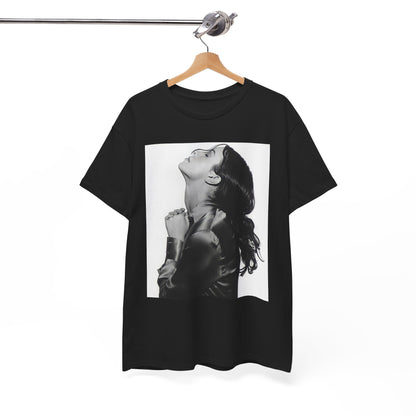 A black graphic t-shirt featuring a vintage black and white portrait of Alanis Morissette, showing her with a poised and thoughtful expression.
