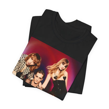 A black graphic t-shirt featuring a vintage glam rock graphic of Maneskin.