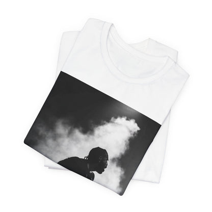 A black graphic t-shirt featuring a timeless black and white graphic or photo portrait of Drake.