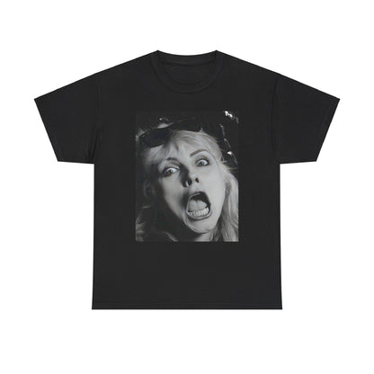 A black graphic t-shirt featuring a retro pop-style graphic of Debbie Harry from Blondie.