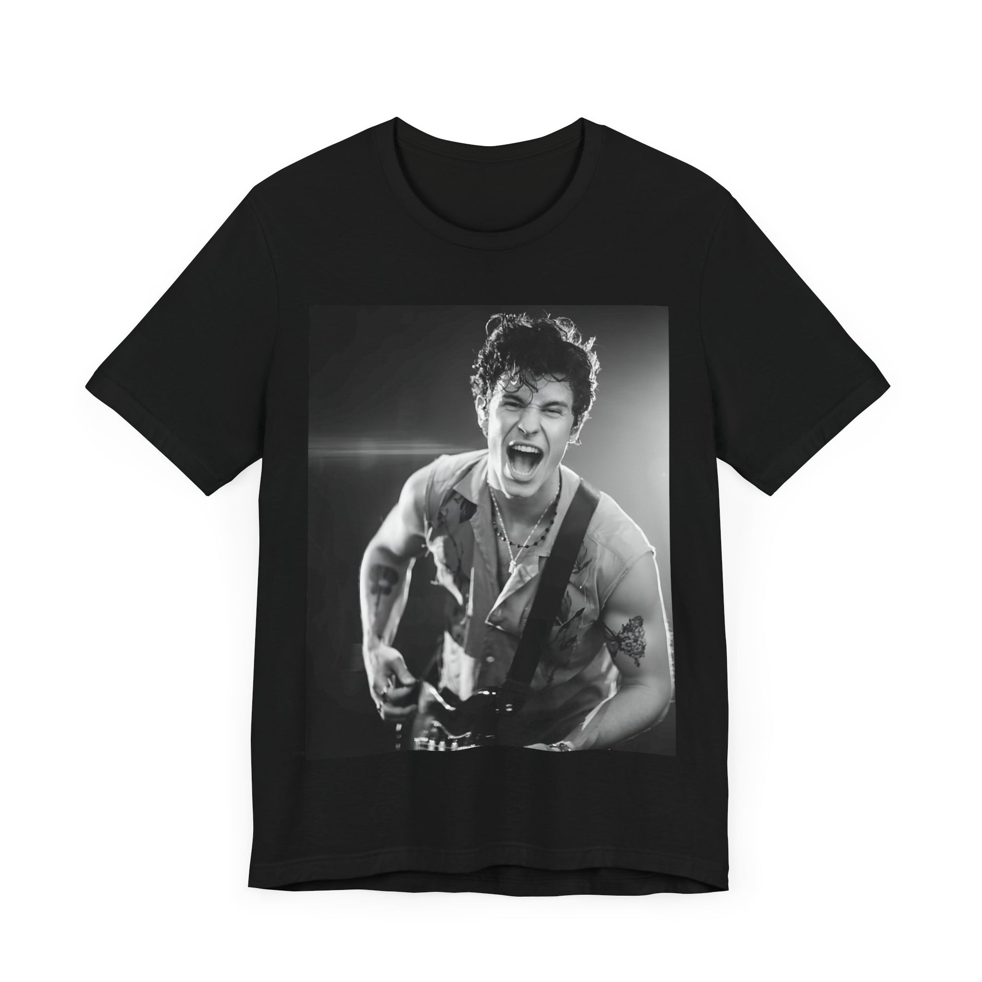 A black graphic t-shirt featuring a black and white photo of Shawn Mendes, emphasizing his charm.