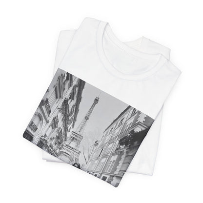 A black graphic t-shirt featuring a black and white photo of Selena Gomez in Paris.