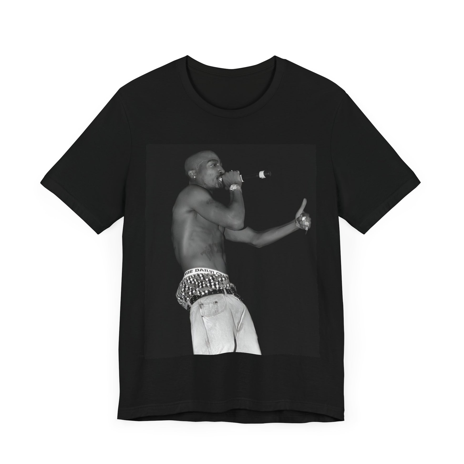 A black graphic t-shirt featuring a graphic of Tupac as a justice fighter.