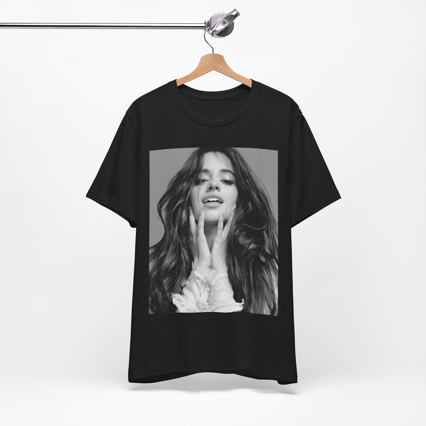 A black graphic t-shirt featuring a black and white portrait photo of Camila Cabello.
