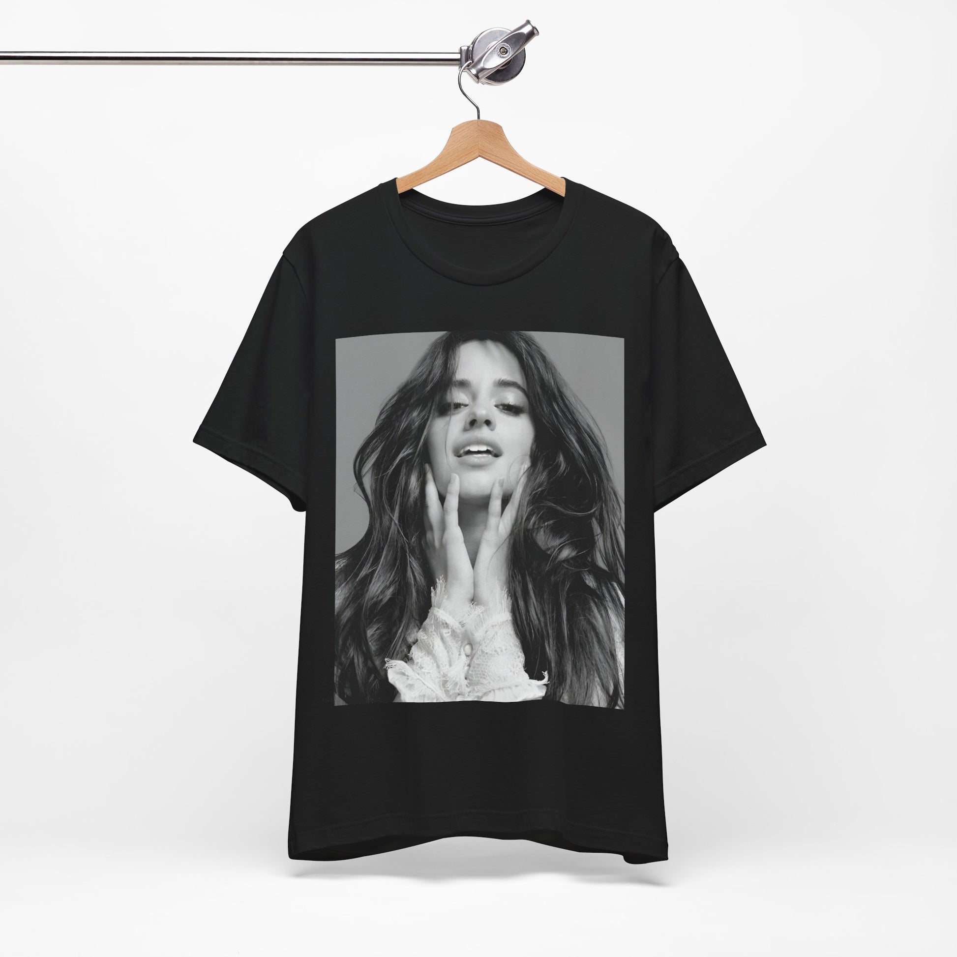 A black graphic t-shirt featuring a black and white portrait photo of Camila Cabello.