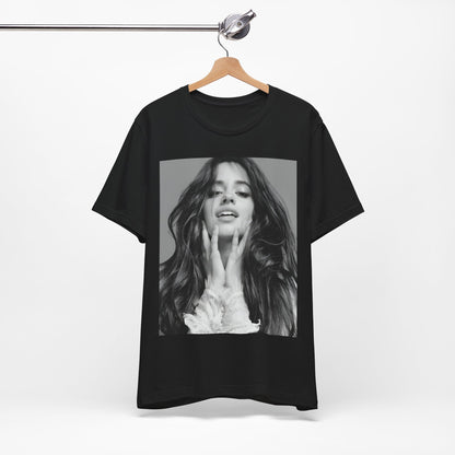 A black graphic t-shirt featuring a black and white portrait photo of Camila Cabello.