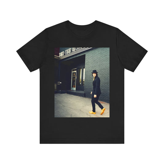 A black graphic t-shirt featuring a garage rock graphic of The White Stripes.