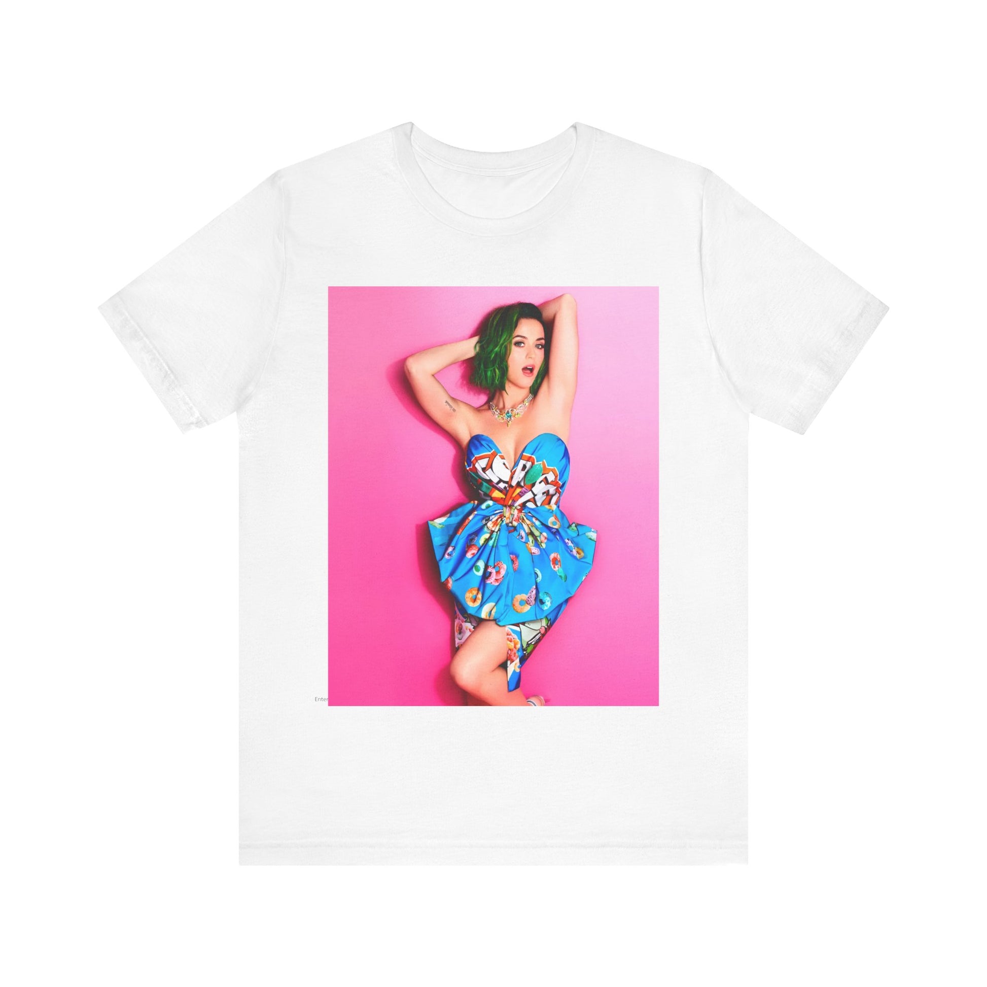 A black graphic t-shirt featuring a graphic related to Katy Perry's 'Dark Horse' song or era.