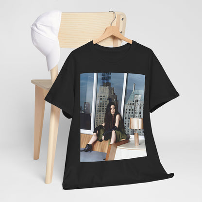 A black graphic t-shirt featuring a photo portrait of Alanis Morissette.