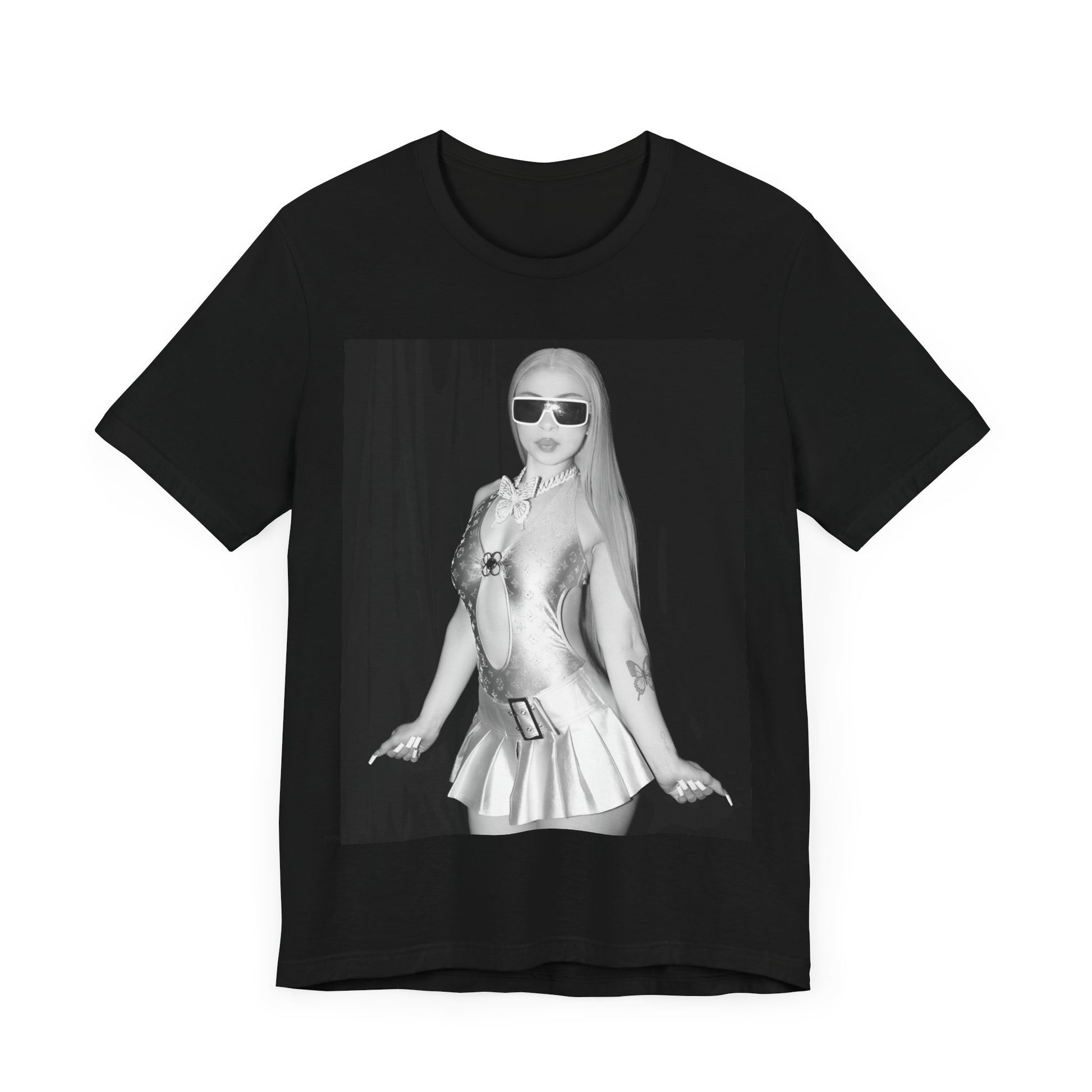 A black graphic t-shirt featuring a black and white graphic or photo of Ice Spice in a backstage setting.