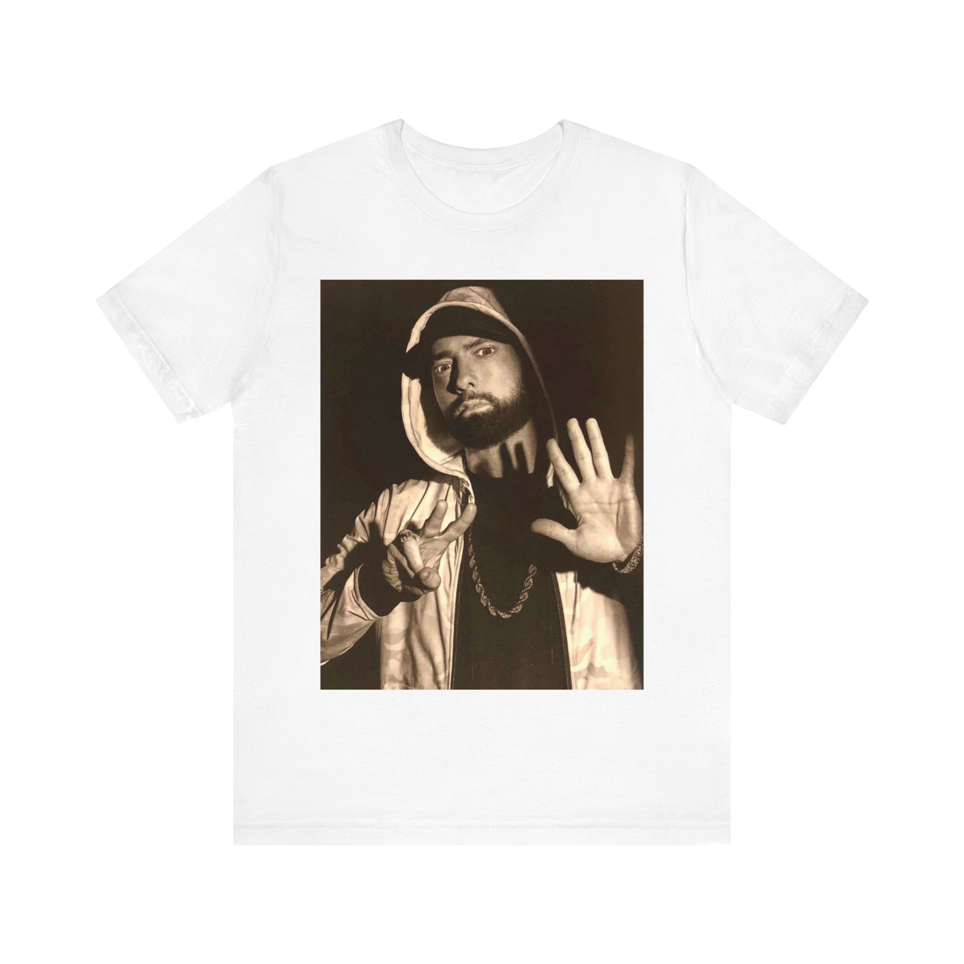 A black graphic t-shirt featuring a graphic of Eminem as an authentic underground rap icon.