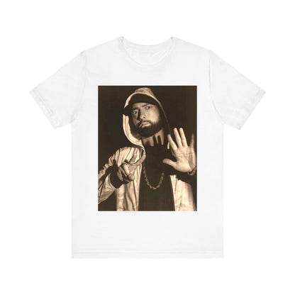 A black graphic t-shirt featuring a graphic of Eminem as an authentic underground rap icon.