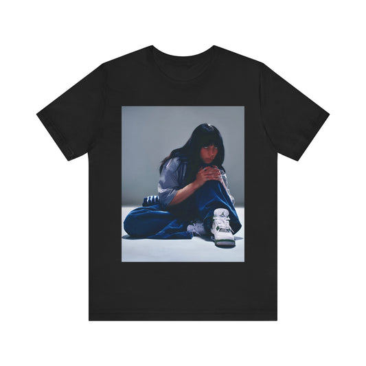 An artistic and slightly melancholic graphic t-shirt inspired by Billie Eilish's song "Lovely," featuring soft colors and a dreamy style.