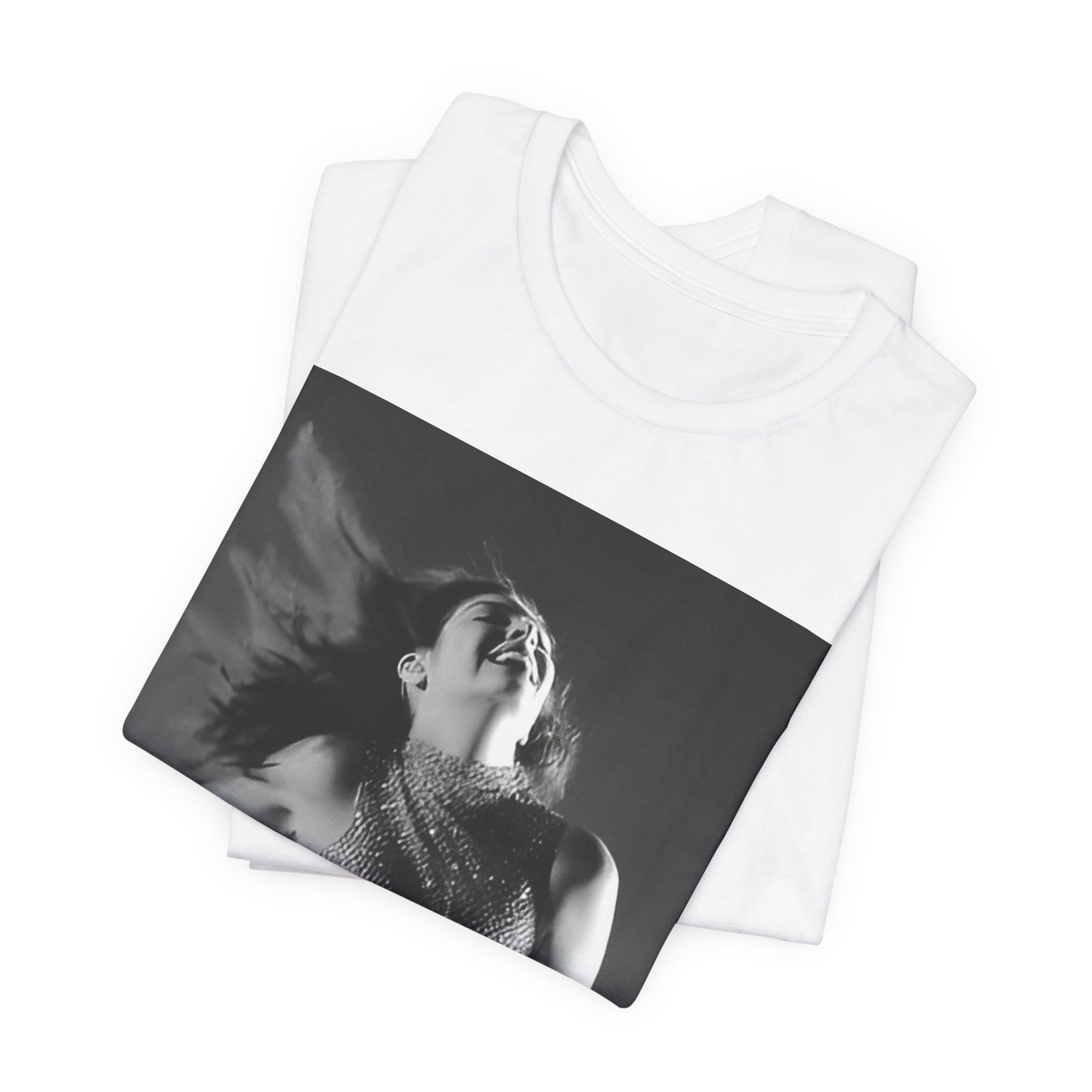 A black graphic t-shirt featuring a black and white, monochrome graphic or portrait of Lorde.