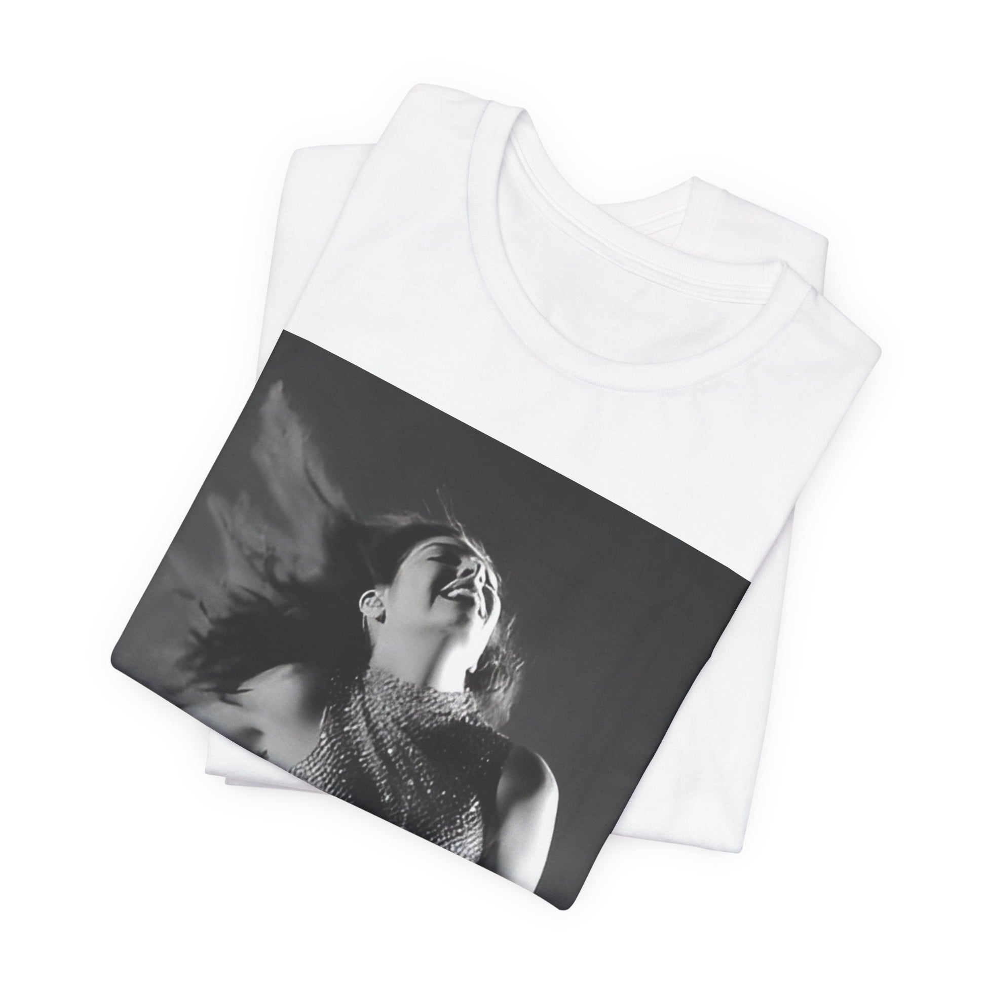A black graphic t-shirt featuring a black and white, monochrome graphic or portrait of Lorde.