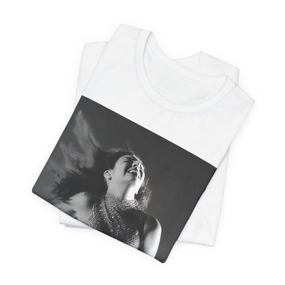 A black graphic t-shirt featuring a black and white, monochrome graphic or portrait of Lorde.