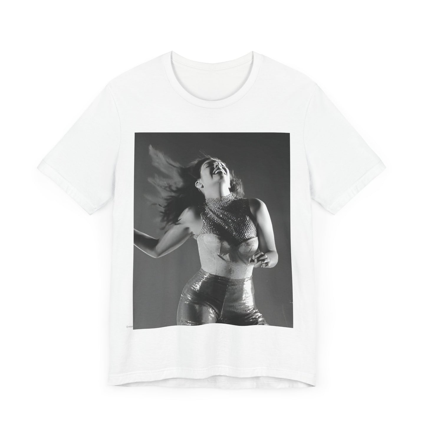 A black graphic t-shirt featuring a black and white, monochrome graphic or portrait of Lorde.