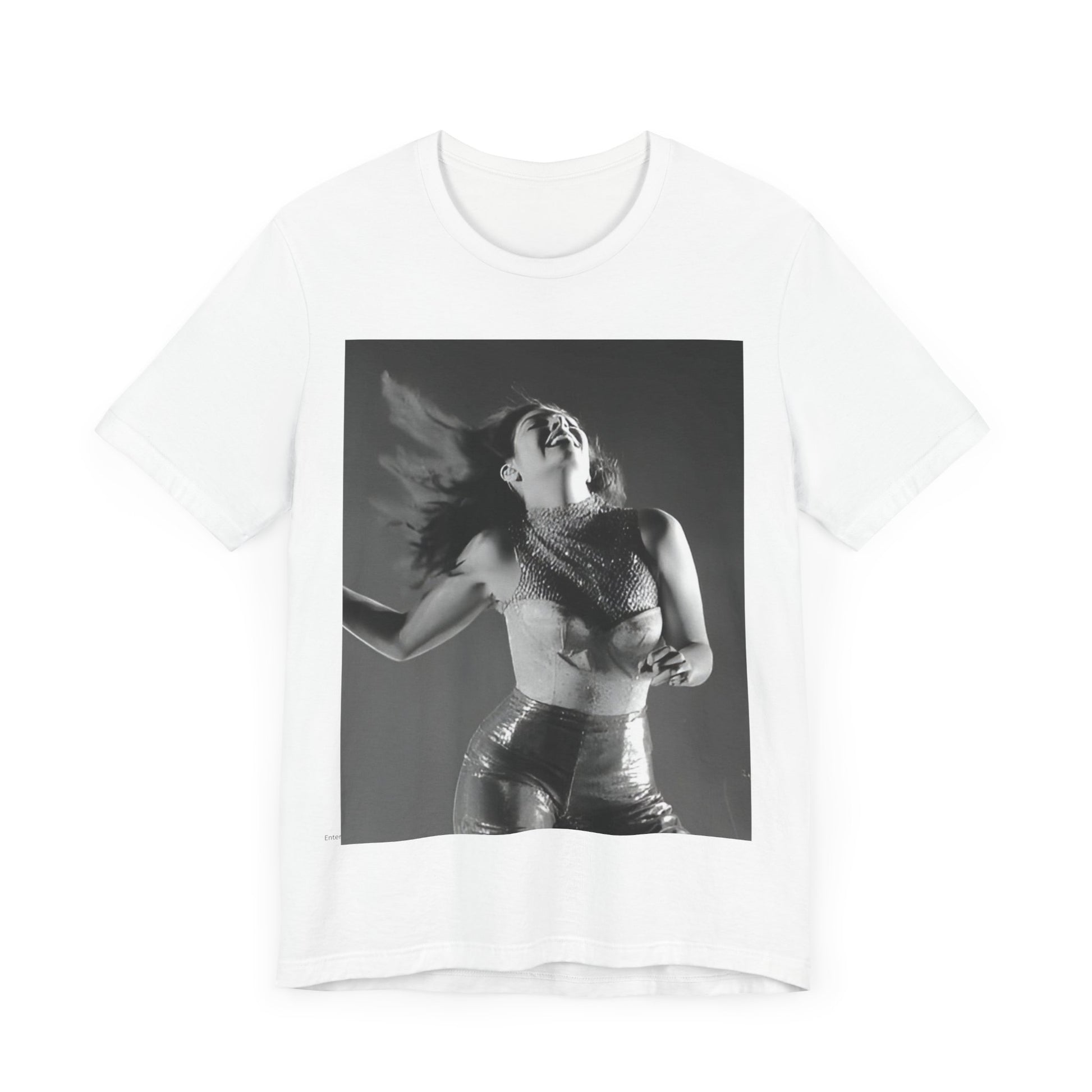 A black graphic t-shirt featuring a black and white, monochrome graphic or portrait of Lorde.