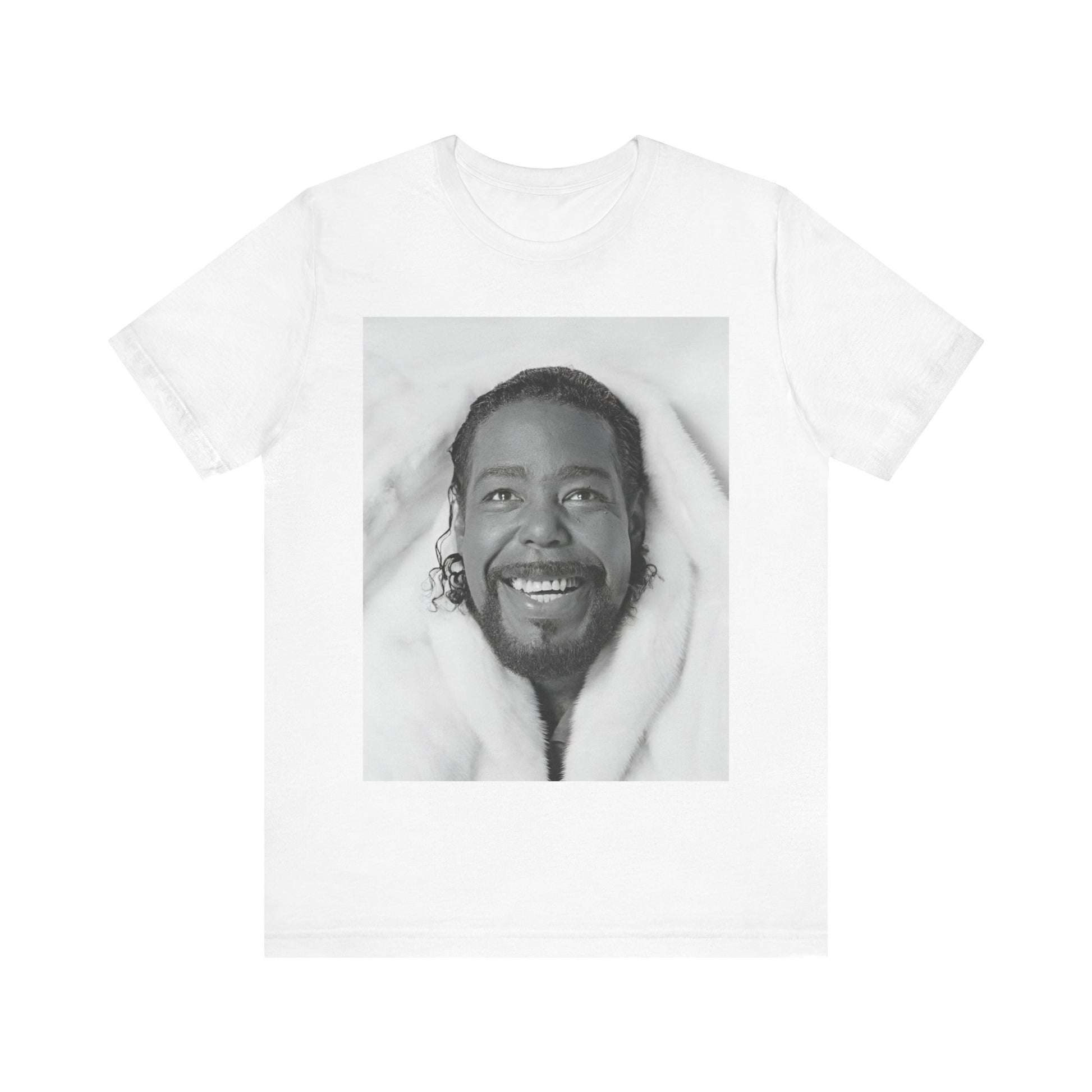 A black graphic t-shirt featuring a retro 70s-style graphic of Barry White as a soul icon.