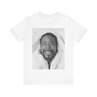 A black graphic t-shirt featuring a retro 70s-style graphic of Barry White as a soul icon.