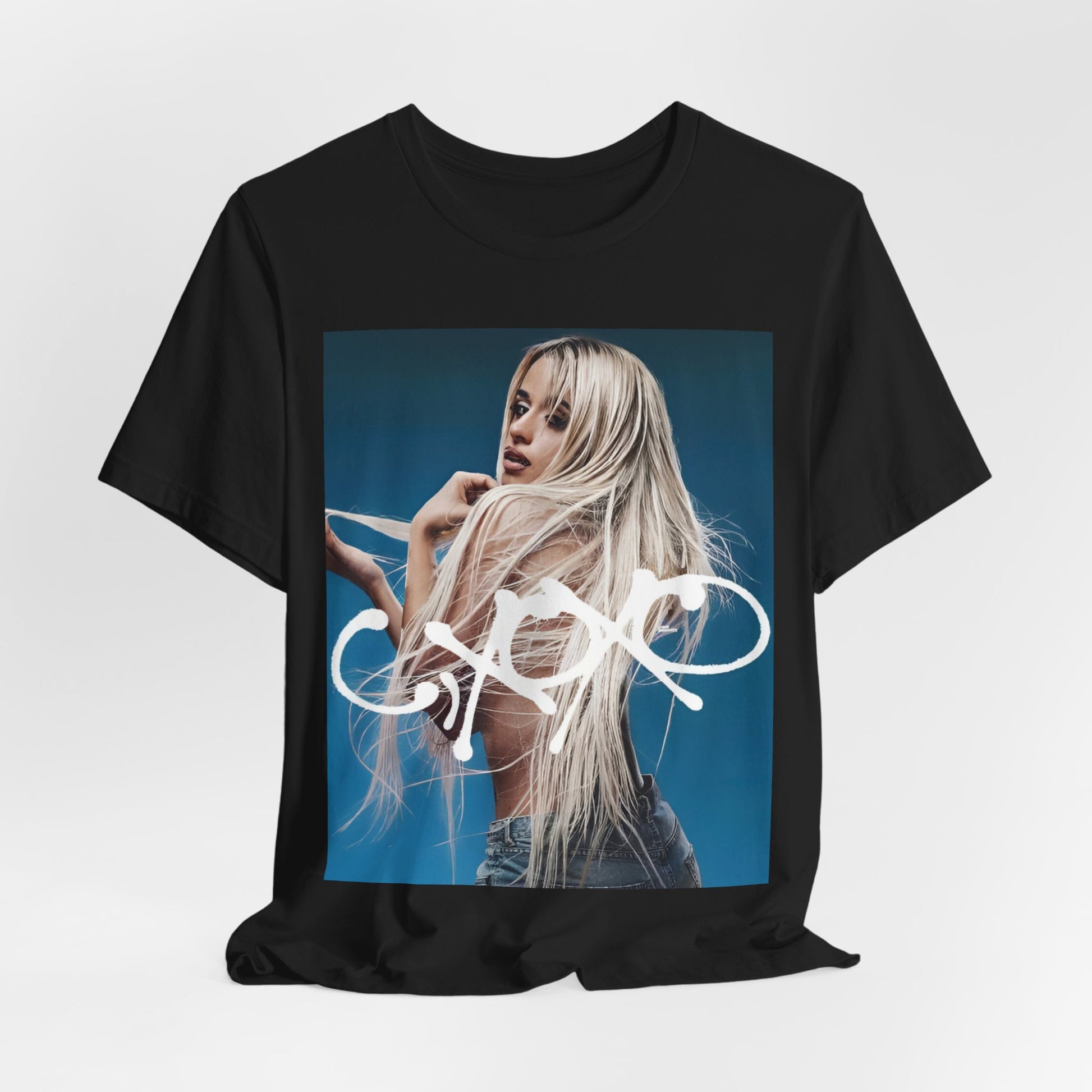 A black graphic t-shirt featuring a graphic related to Camila Cabello's C,XOXO album.