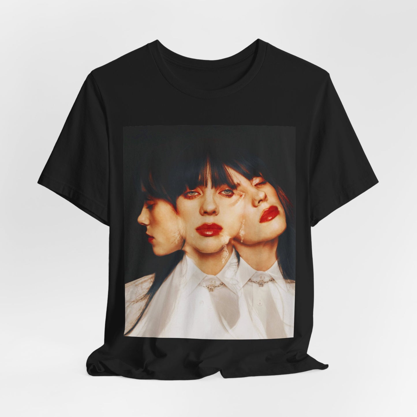 A classic, glamorous portrait of Billie Eilish as a pop star, with blonde hair and a confident gaze, printed on a t-shirt.