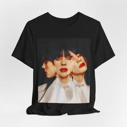 A classic, glamorous portrait of Billie Eilish as a pop star, with blonde hair and a confident gaze, printed on a t-shirt.