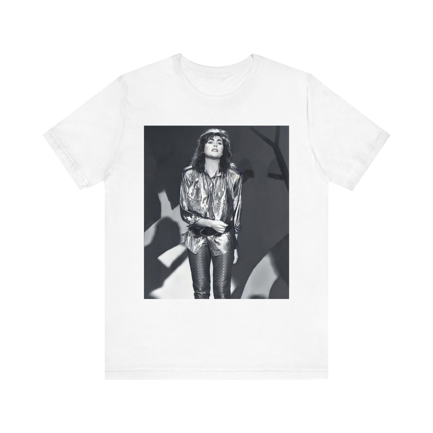A black graphic t-shirt featuring a graphic of Laura Branigan emphasizing her timeless voice.