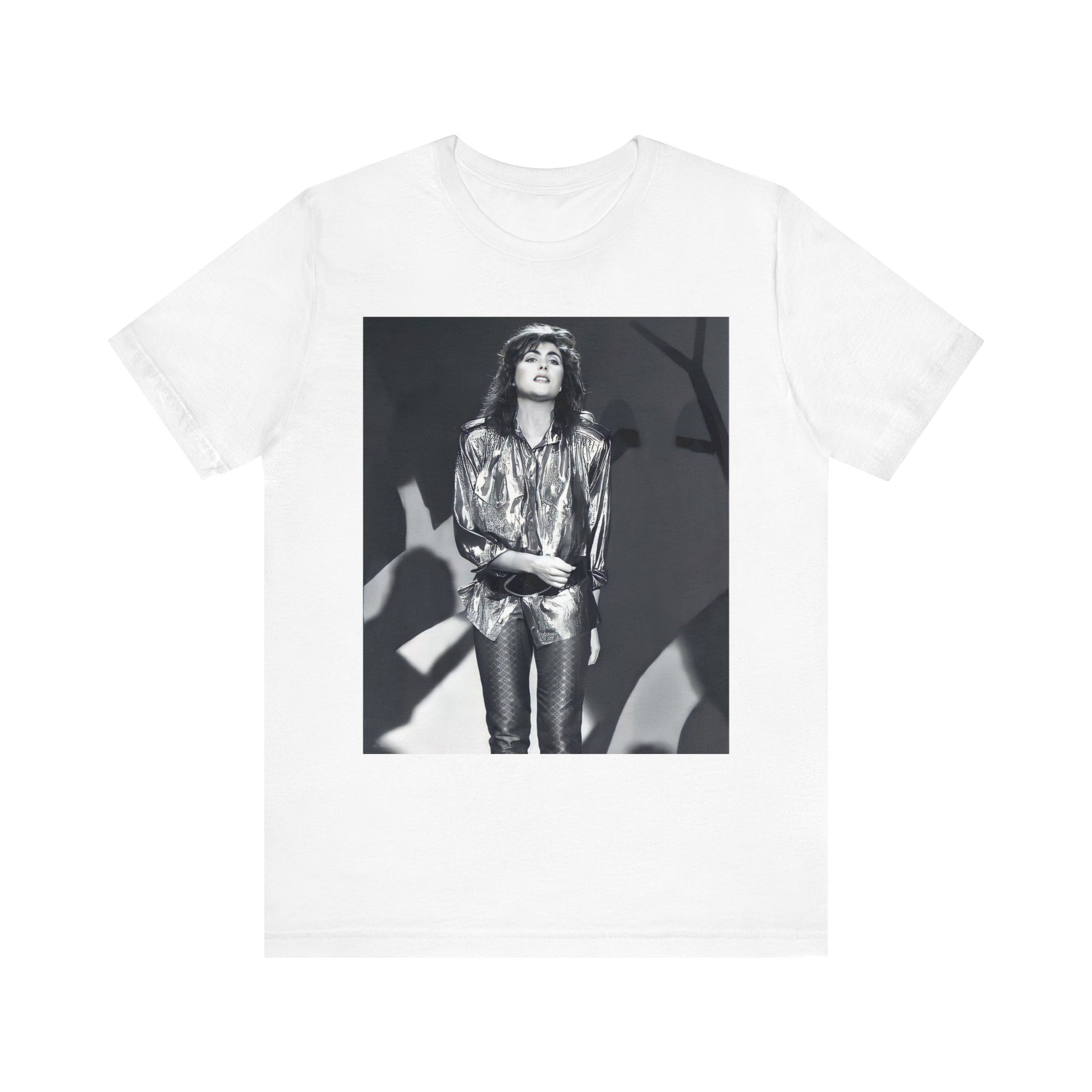 A black graphic t-shirt featuring a graphic of Laura Branigan emphasizing her timeless voice.