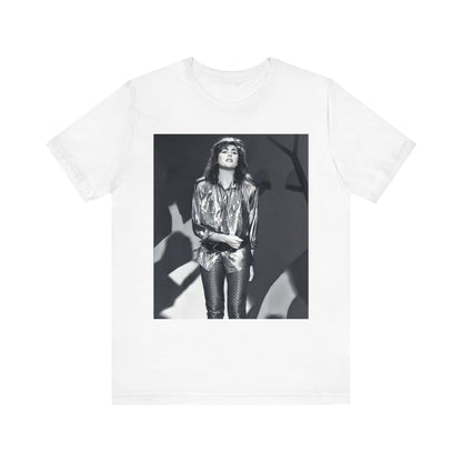 A black graphic t-shirt featuring a graphic of Laura Branigan emphasizing her timeless voice.