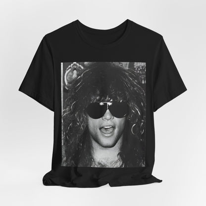 A black graphic t-shirt featuring a graphic or photo of Bon Jovi in a backstage setting.