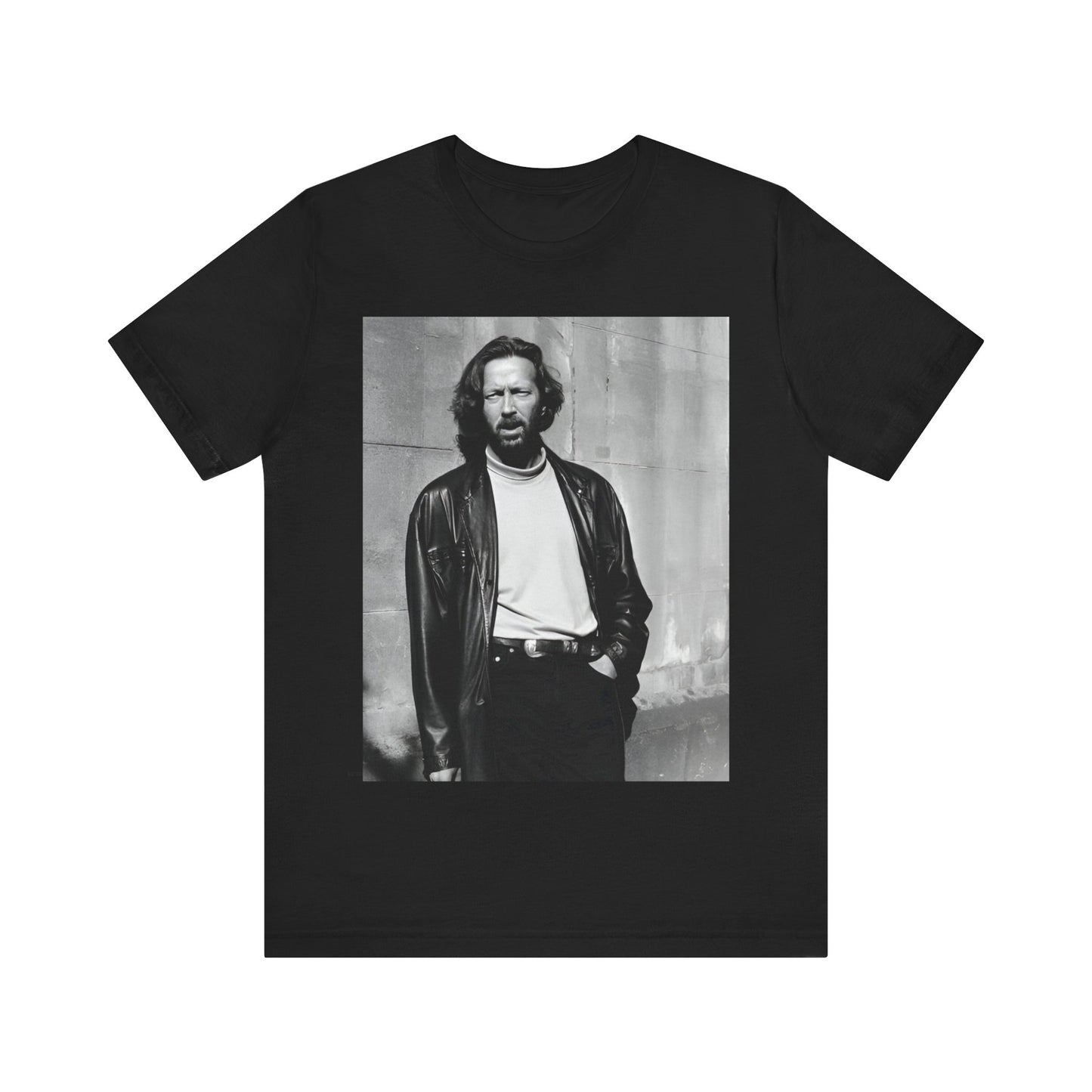 A black graphic t-shirt featuring a retro graphic related to Eric Clapton's 'Cocaine' song or era.
