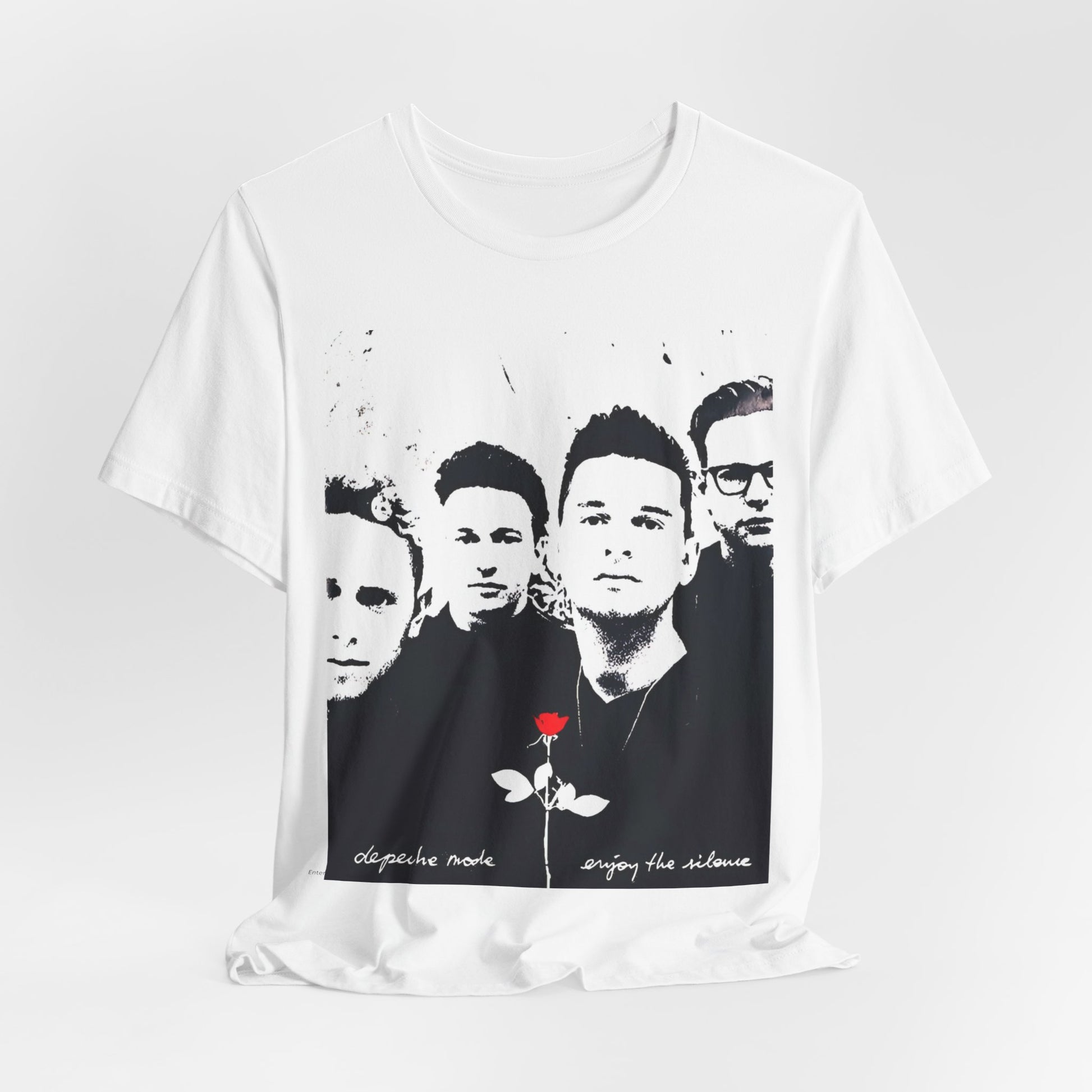 A black graphic t-shirt featuring a graphic related to Depeche Mode's 'Enjoy The Silence' era.