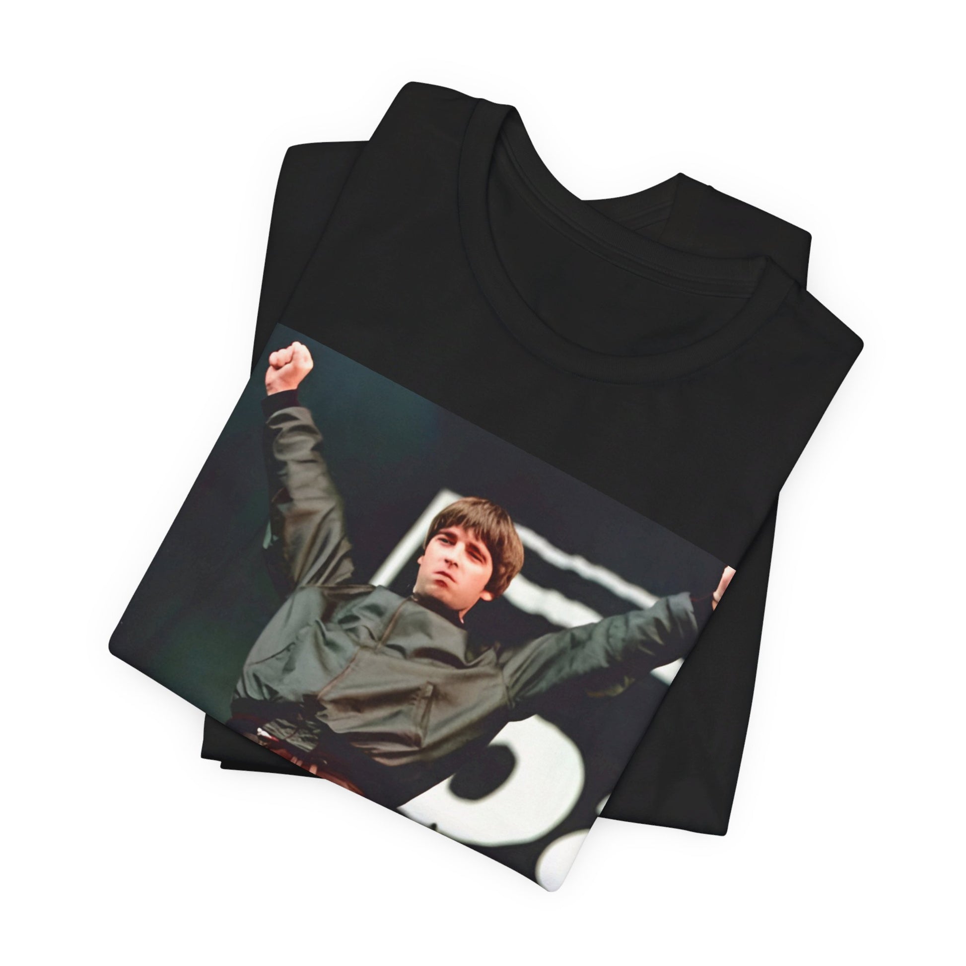 A black graphic t-shirt featuring a graphic or photo of Liam and Noel Gallagher from Oasis performing live on stage.