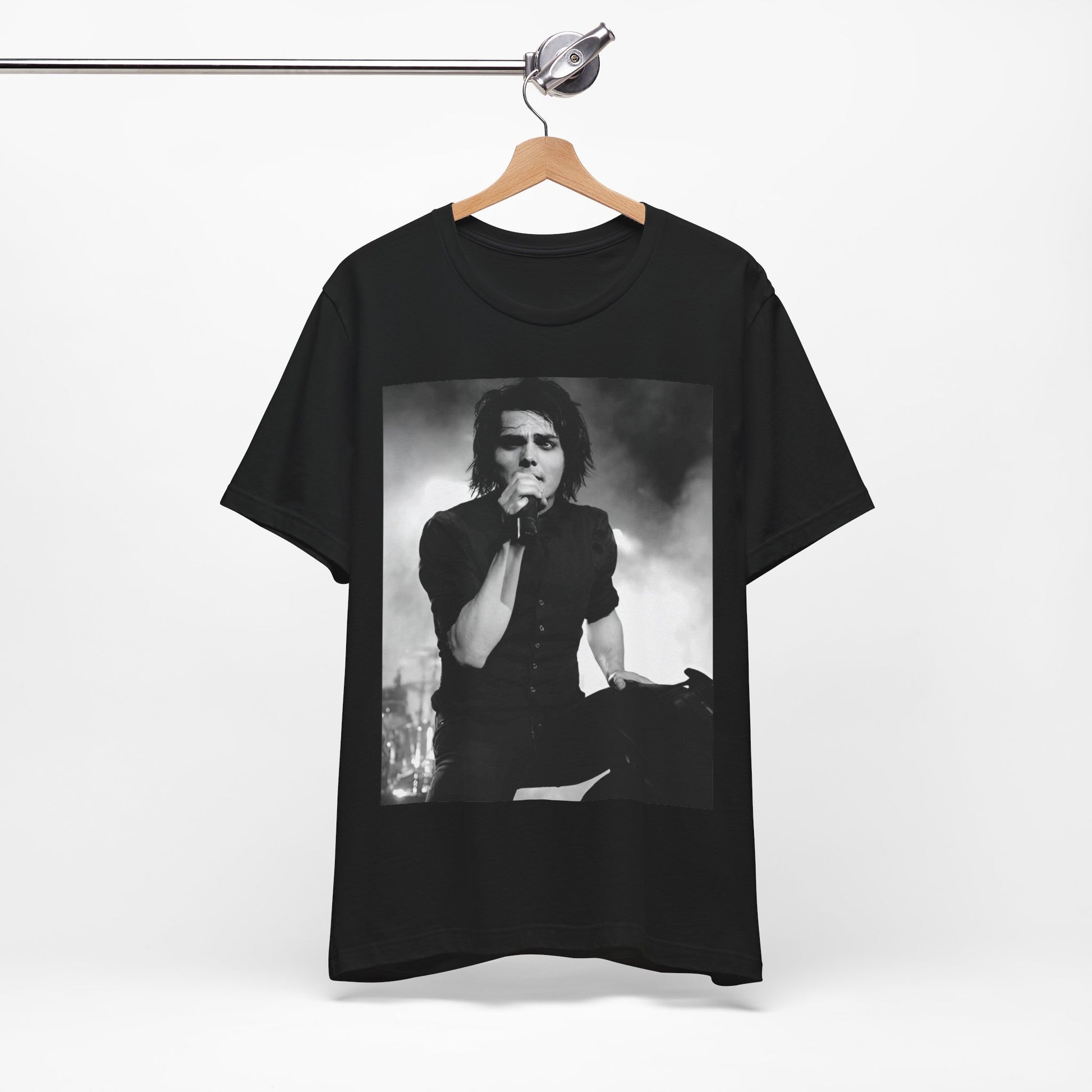 A black graphic t-shirt featuring a black and white graphic or photo of My Chemical Romance performing live in concert.