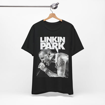 A black graphic t-shirt featuring a black and white graphic or photo portrait of Chester Bennington from Linkin Park.