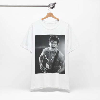 A black graphic t-shirt featuring a black and white photo of Shawn Mendes, emphasizing his charm.