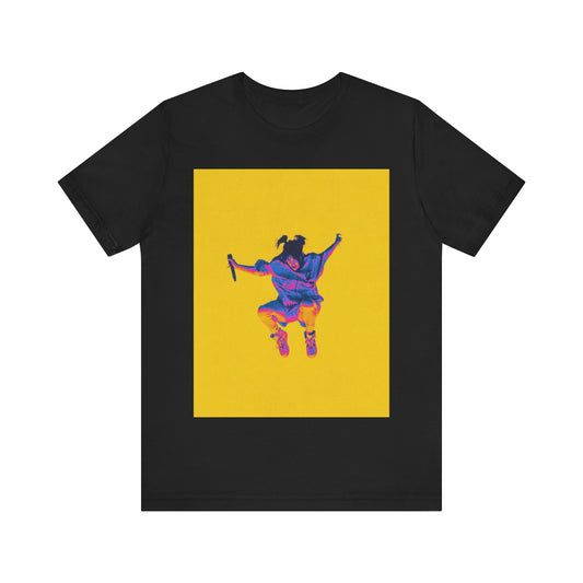A stylized graphic of Billie Eilish jumping in the air with a microphone, rendered with psychedelic thermal colors against a solid yellow background.