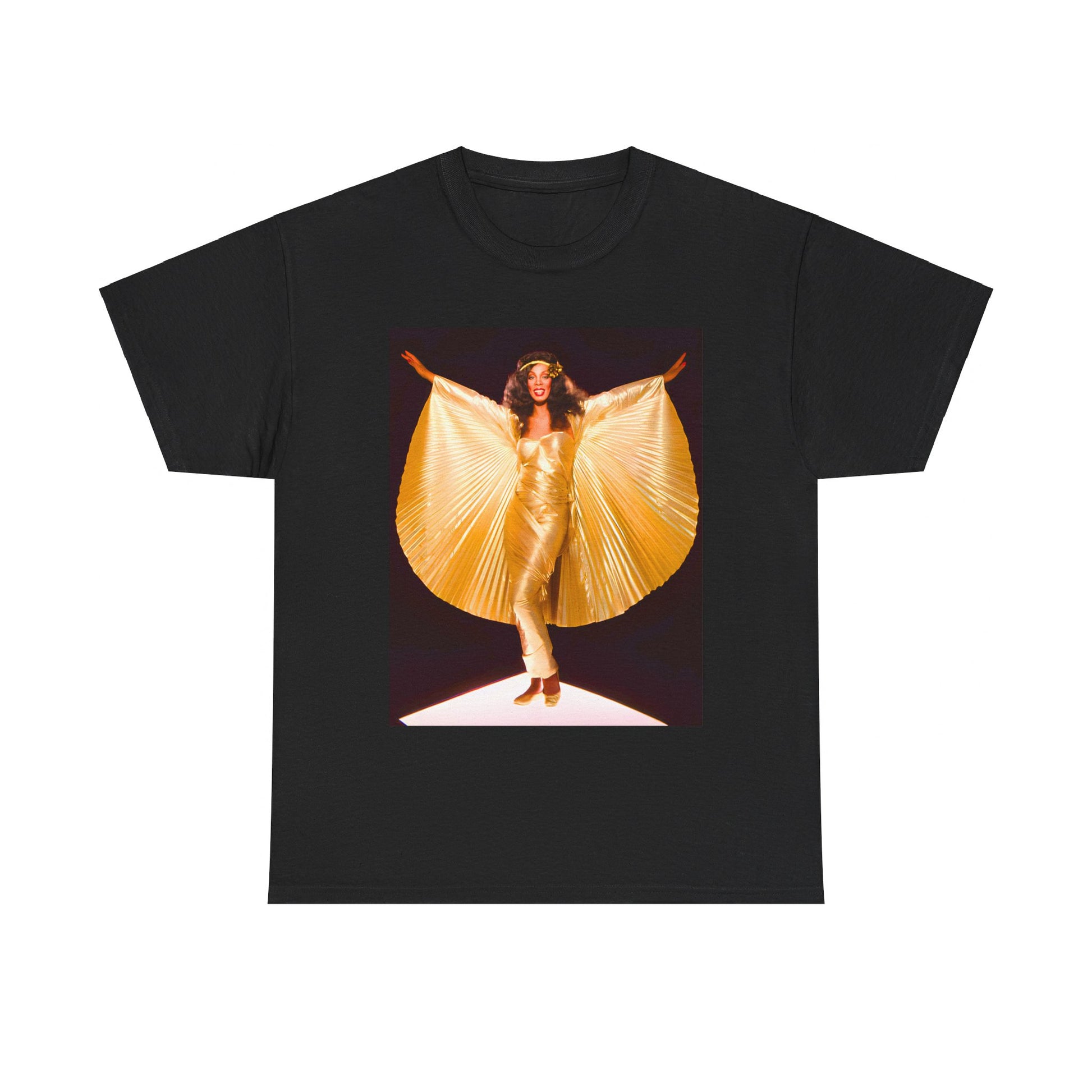 A black graphic t-shirt featuring a vintage graphic of Donna Summer as the Queen of Disco.