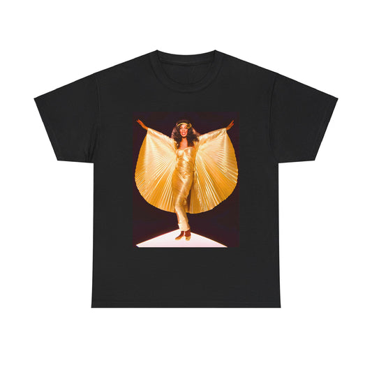 A black graphic t-shirt featuring a vintage graphic of Donna Summer as the Queen of Disco.