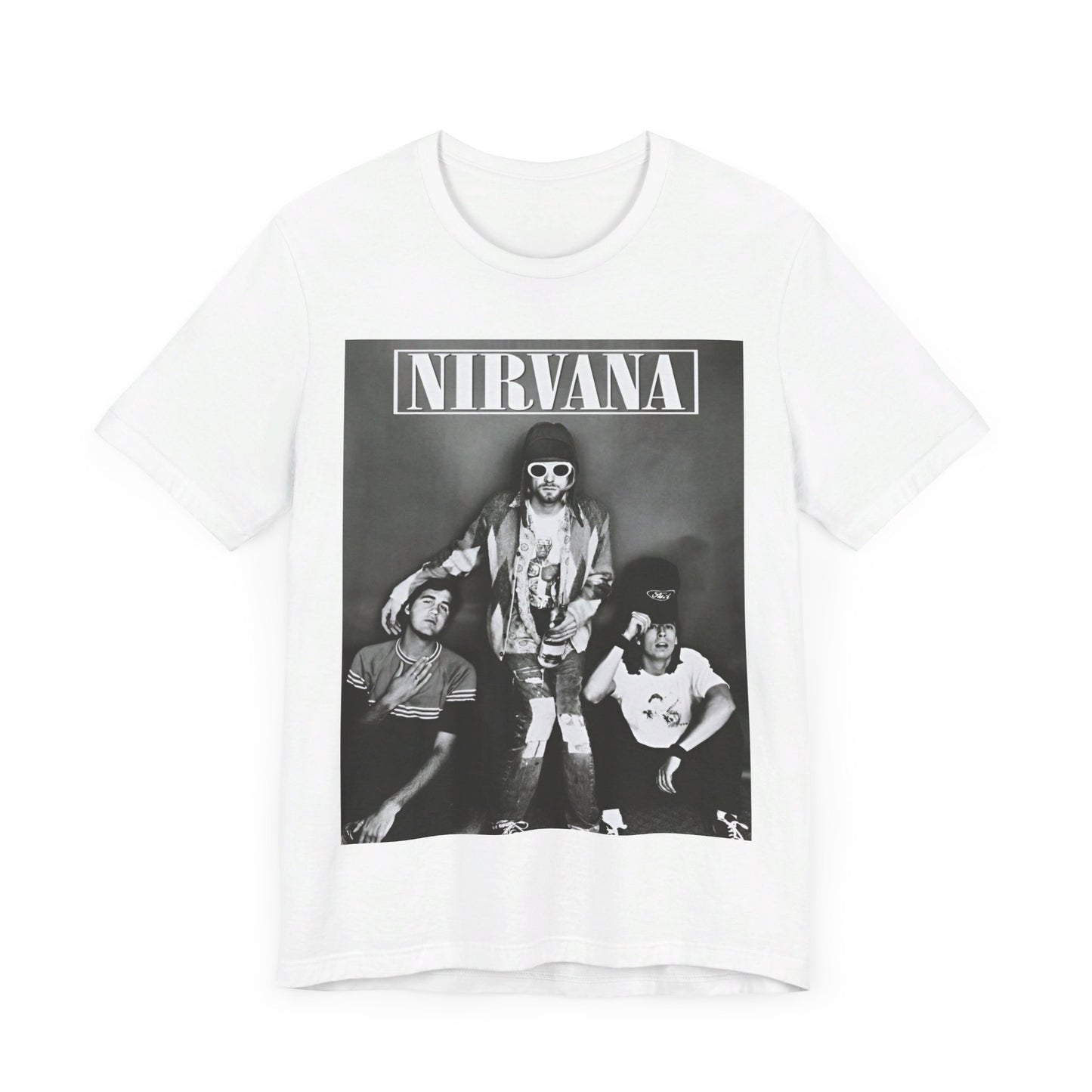 A black graphic t-shirt featuring a 90s rock rebels graphic of Nirvana.