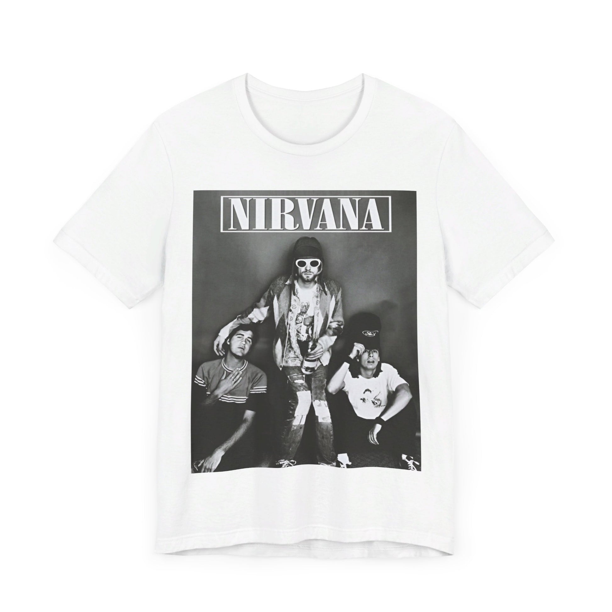 A black graphic t-shirt featuring a 90s rock rebels graphic of Nirvana.