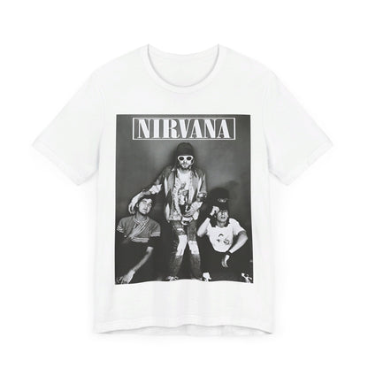 A black graphic t-shirt featuring a 90s rock rebels graphic of Nirvana.