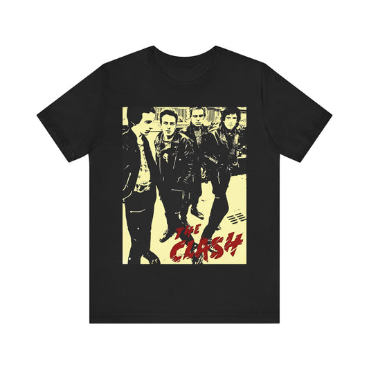A black graphic t-shirt featuring an anti-establishment rock band graphic of The Clash.