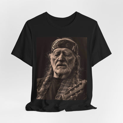 A black graphic t-shirt featuring a graphic of Willie Nelson with his iconic braids style.