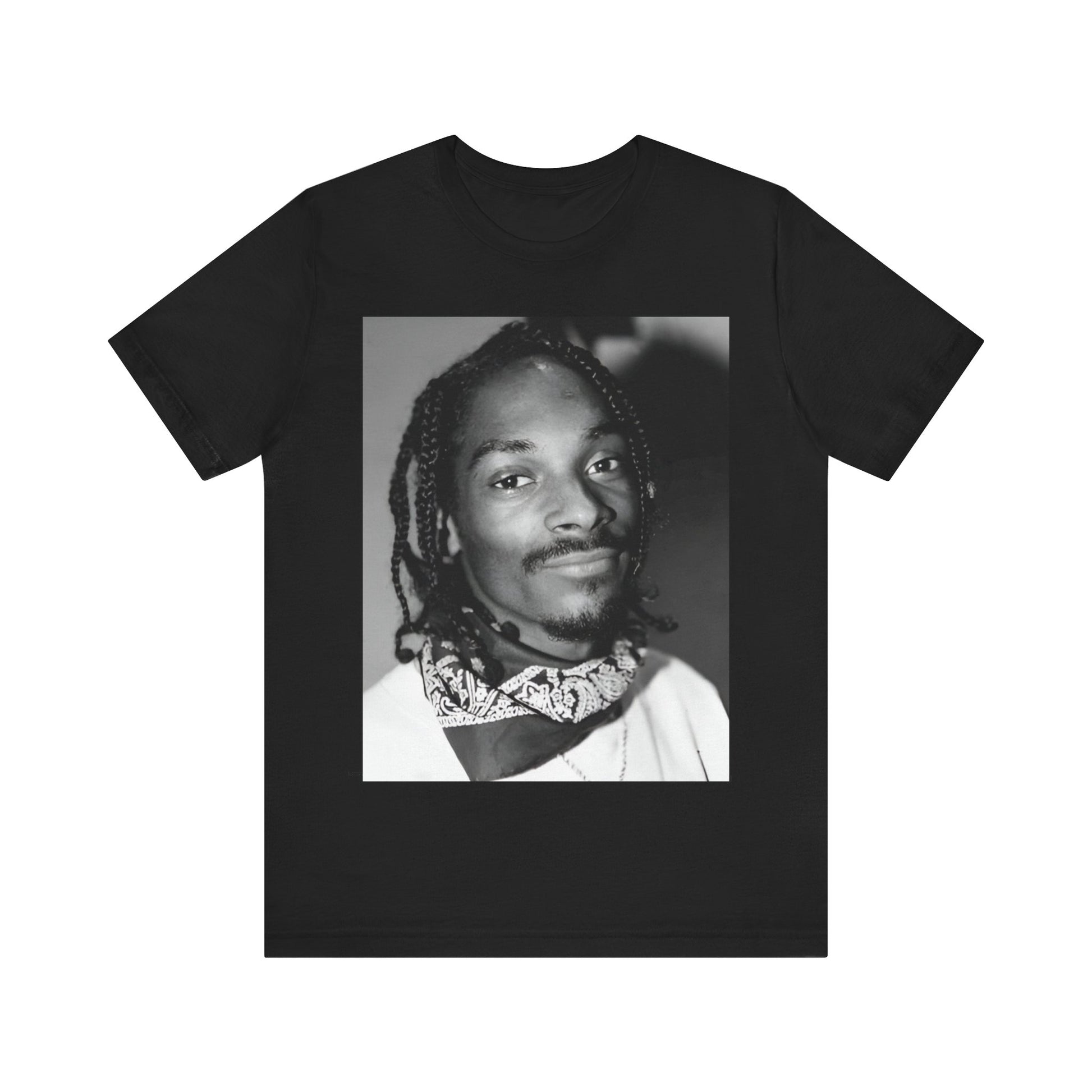 A black graphic t-shirt featuring a modern rap essential graphic of Snoop Dogg.